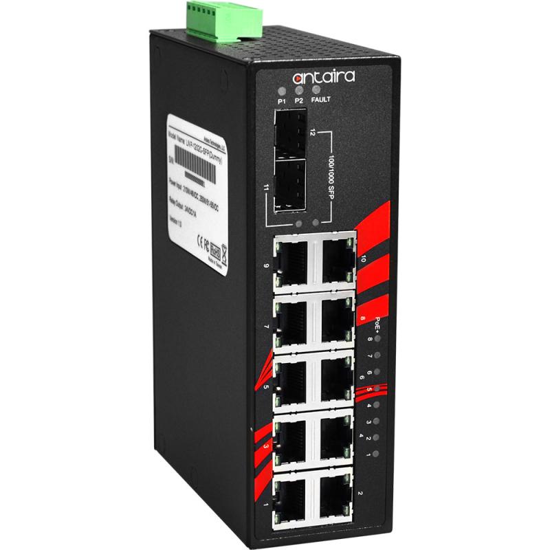 12-Port POE+ Industrial Gigabit Switch, 2xSFP, -10-70C